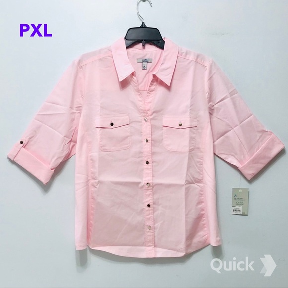 PXL - NWT Croft & Barrow Pink Roll-Tab Shirt - Picture 2 of 9
